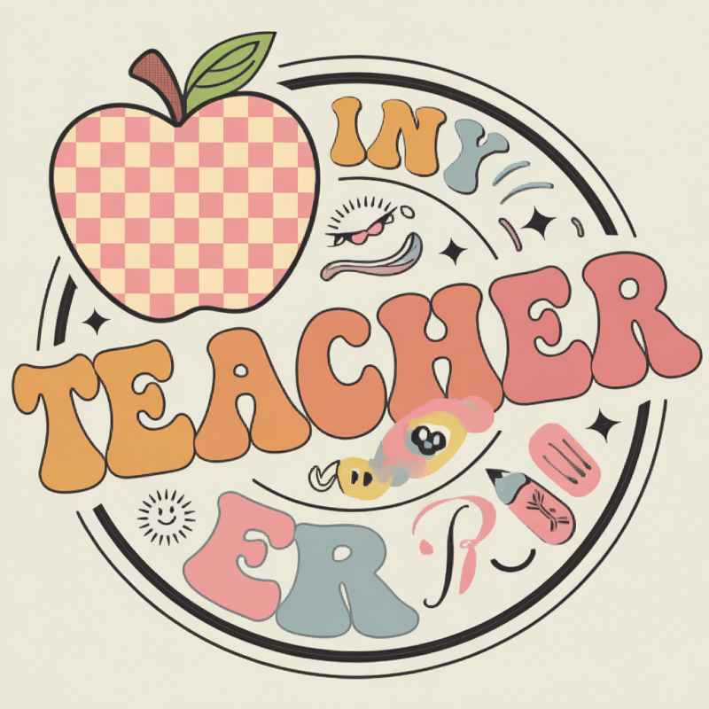 Retro Apple Graphic Teacher Cotton T-Shirt