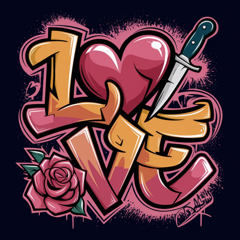 Stylish Love Graphic T-Shirt with Rose and Sword Design