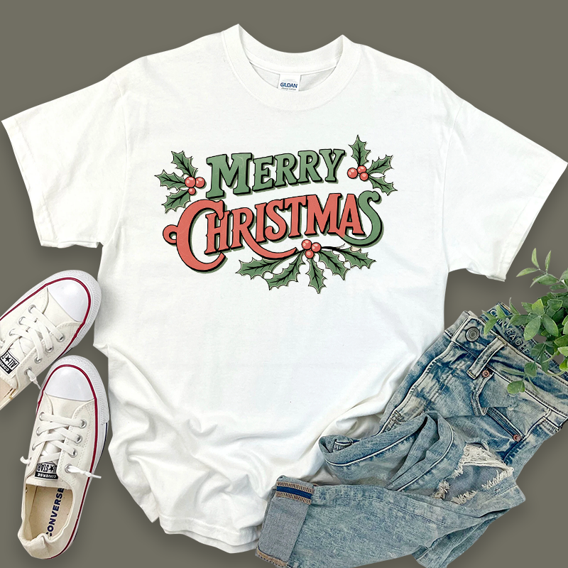 Merry Christmas T-Shirt with Christmas Tree Pattern