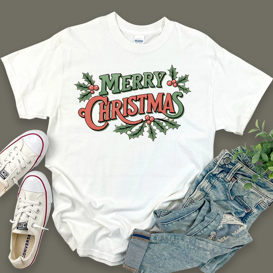 Merry Christmas T-Shirt with Christmas Tree Pattern