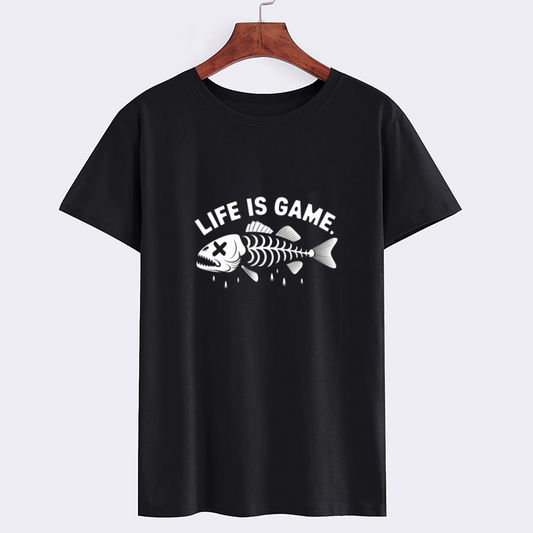 Black Graphic T-Shirt with 'Life Is Game' Fish Skeleton Print