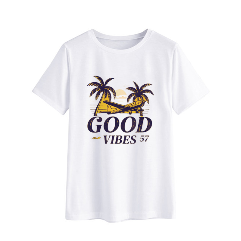 Graphic T-Shirt with Airplane and Palm Trees Design