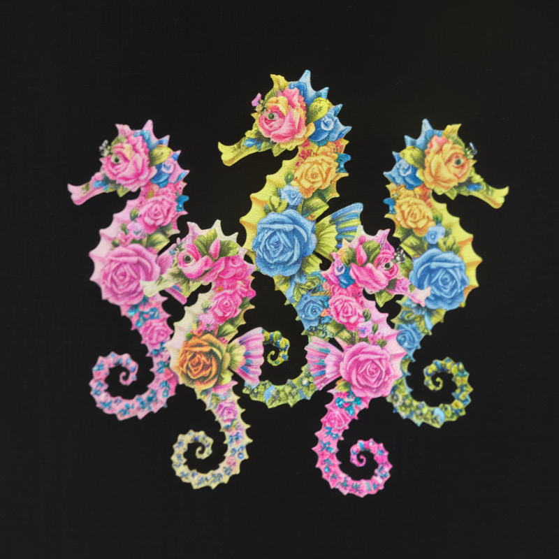 Floral Seahorse Graphic Black T-Shirt