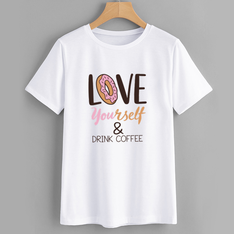 Cotton White Graphic T-Shirt with Donut and Coffee Quote