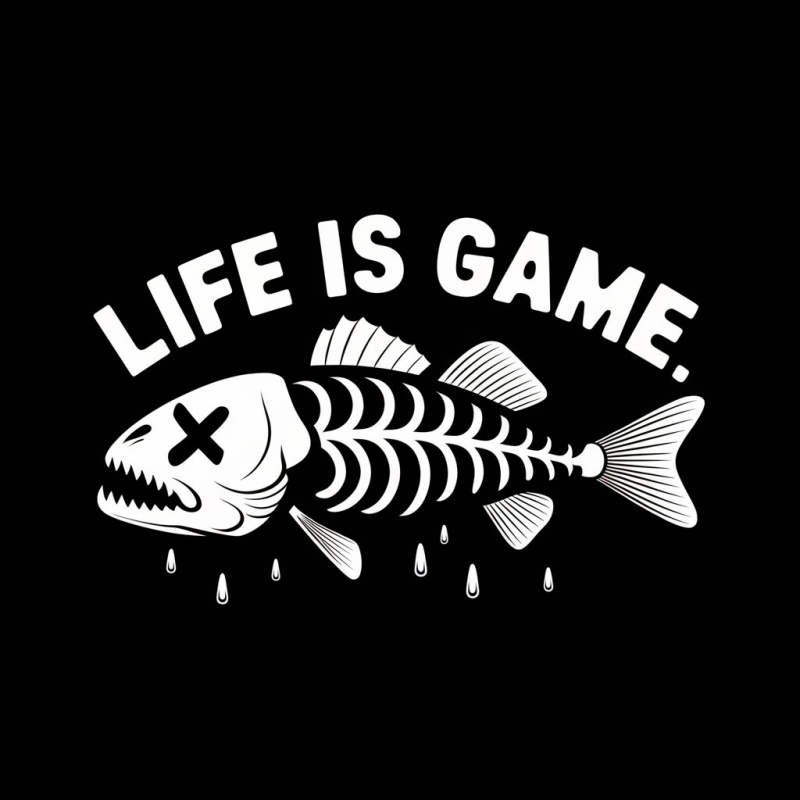 Black Graphic T-Shirt with 'Life Is Game' Fish Skeleton Print