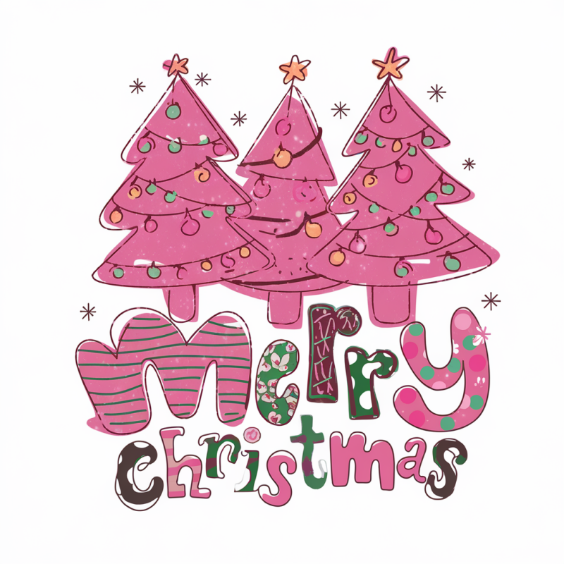 Merry Christmas Graphic Tee with Pink Trees