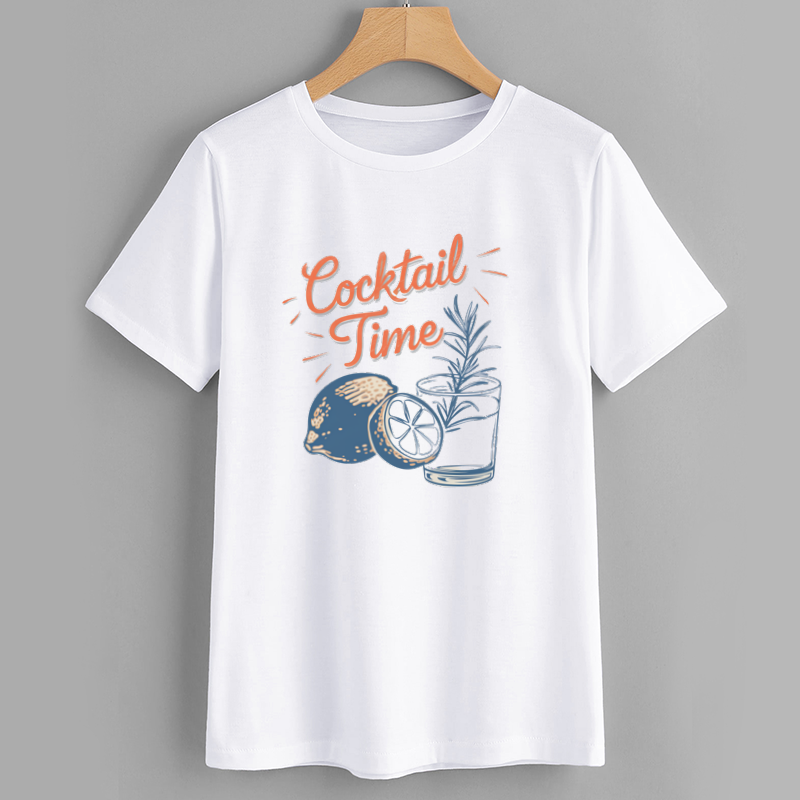 Retro Cocktail Time Lemon Graphic Cotton T-Shirt