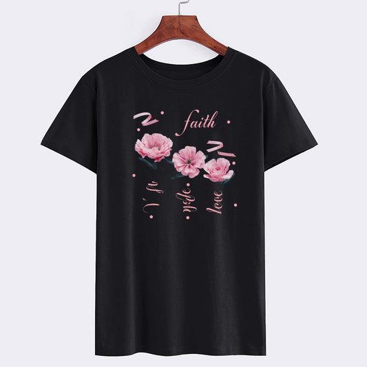 Floral Faith Love Graphic Black T-Shirt