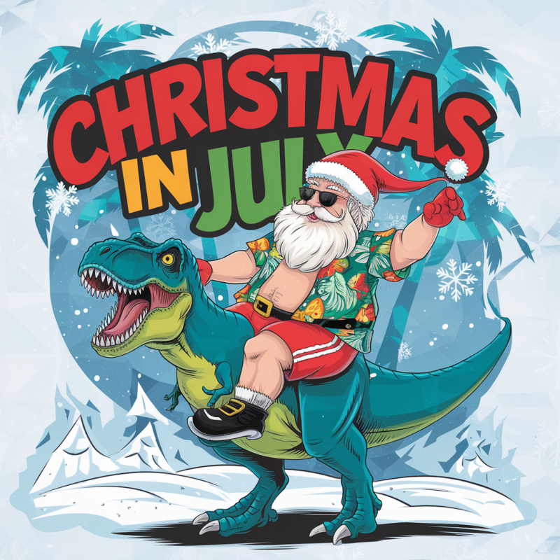 Christmas in July Santa Riding Dinosaur T-Shirt