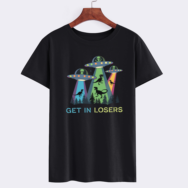 UFO Get In Losers Graphic Tee - Fun Alien and Dinosaur Design