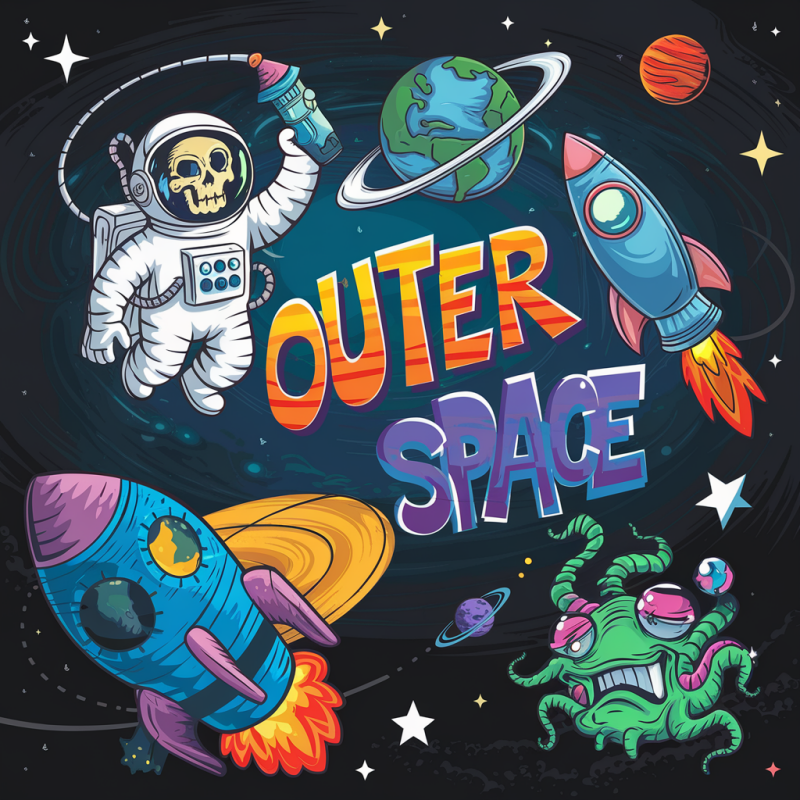 Outer Space Graphic T-Shirt with Astronaut and Rockets