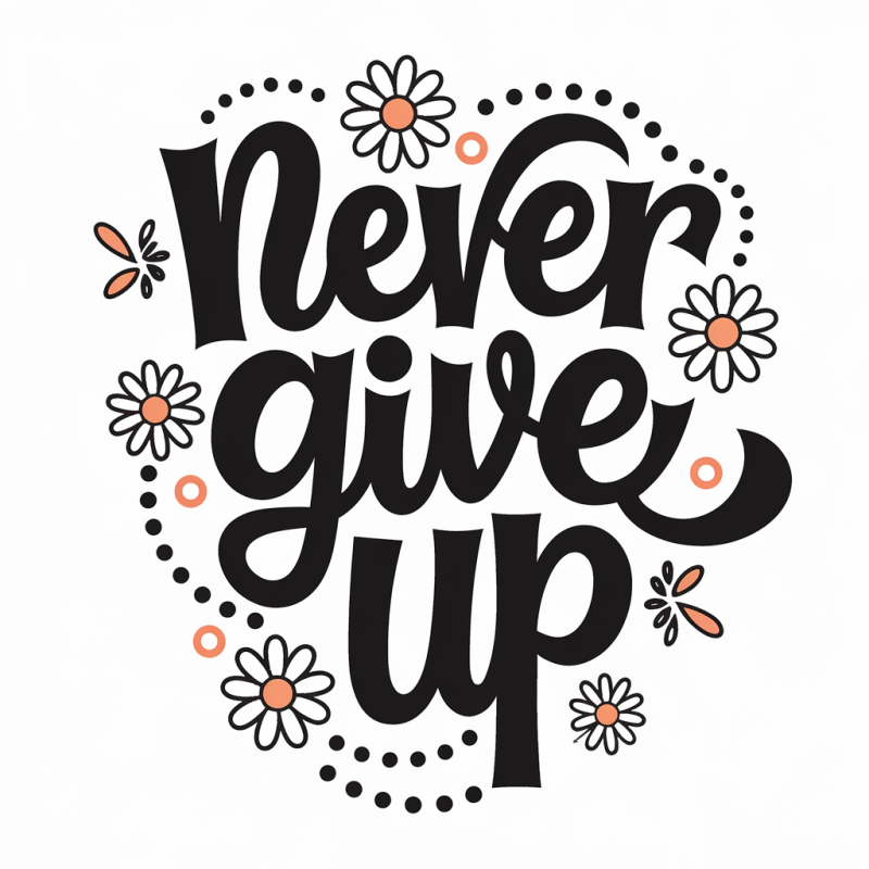 Motivational Never Give Up T-Shirt with Floral Design