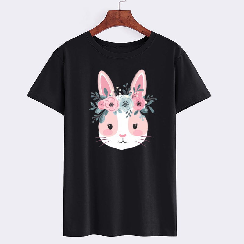 Cute Bunny Floral Crown Black Cotton T-Shirt