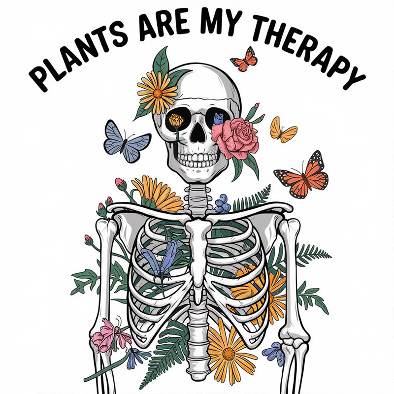 PLANTS ARE MY THERAPY Skull Pattern T-Shirt