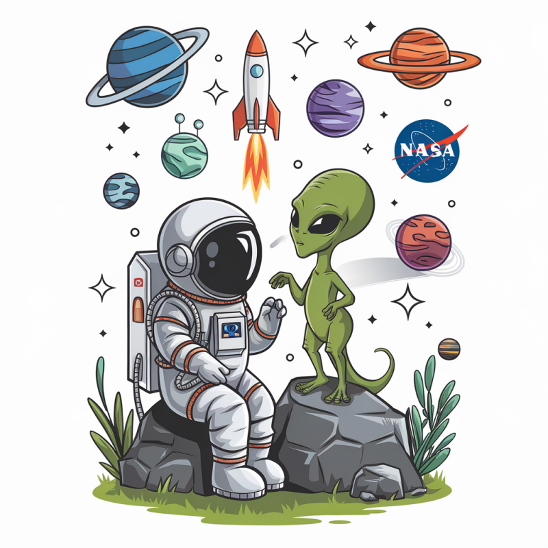 Astronaut and Alien Adventure Graphic T-Shirt
