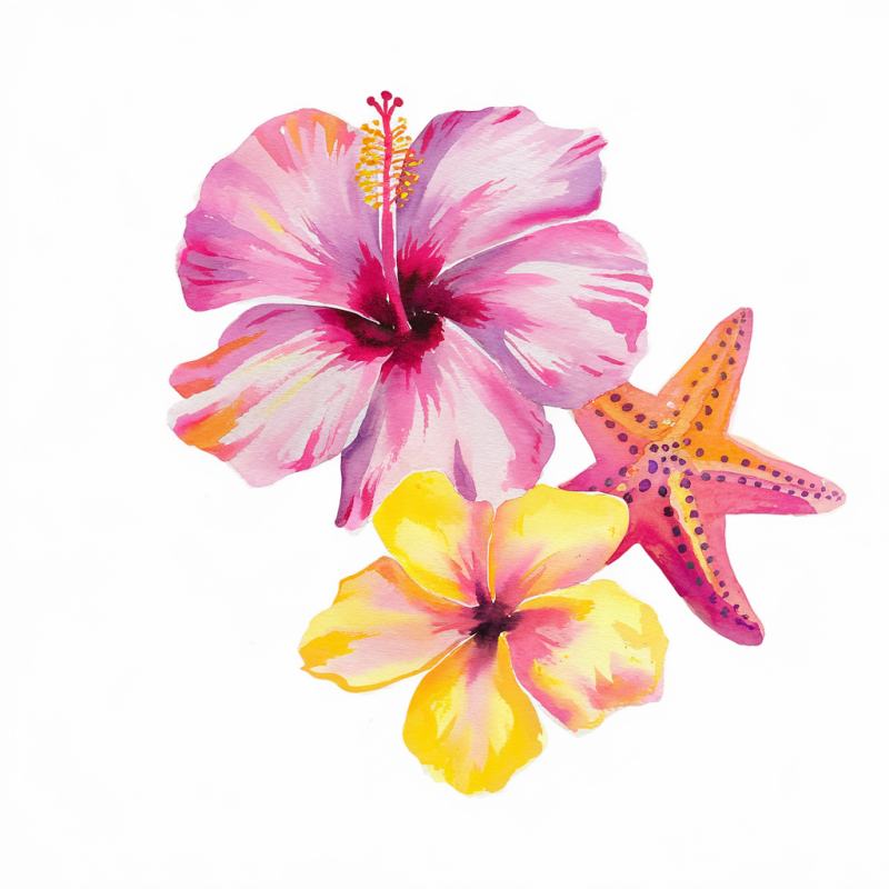 Tropical Hibiscus and Starfish Graphic T-Shirt