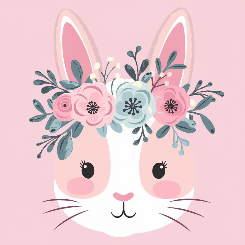 Cute Bunny Floral Crown Black Cotton T-Shirt