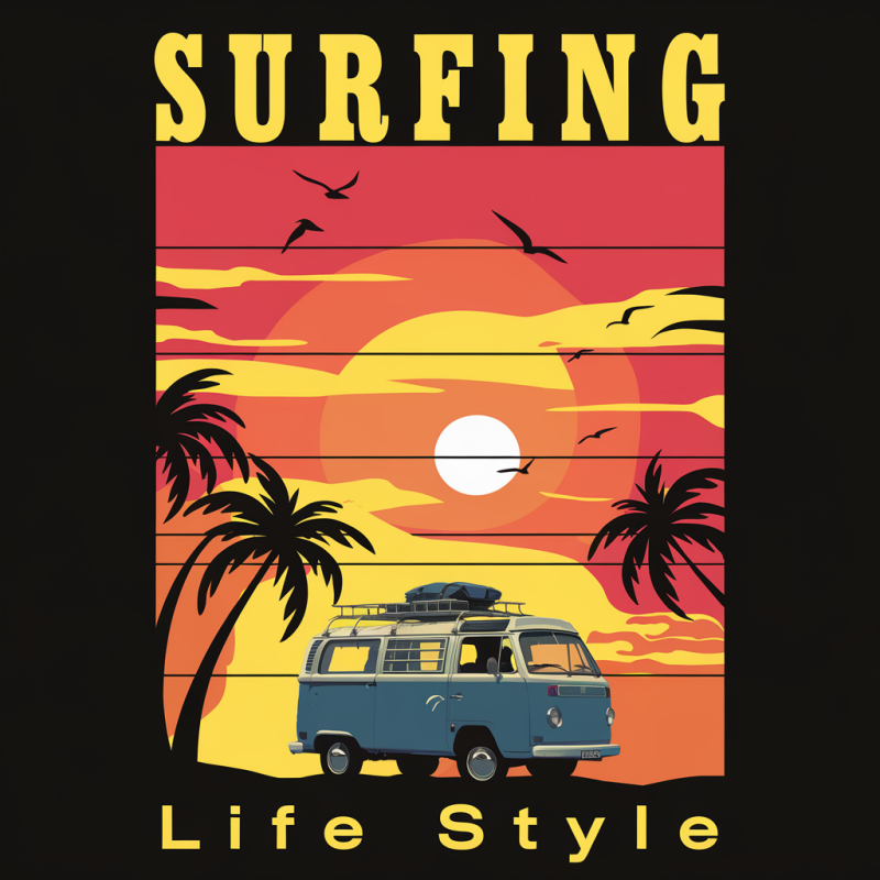 Vintage Surfing Graphic T-Shirt with Sunset and Van