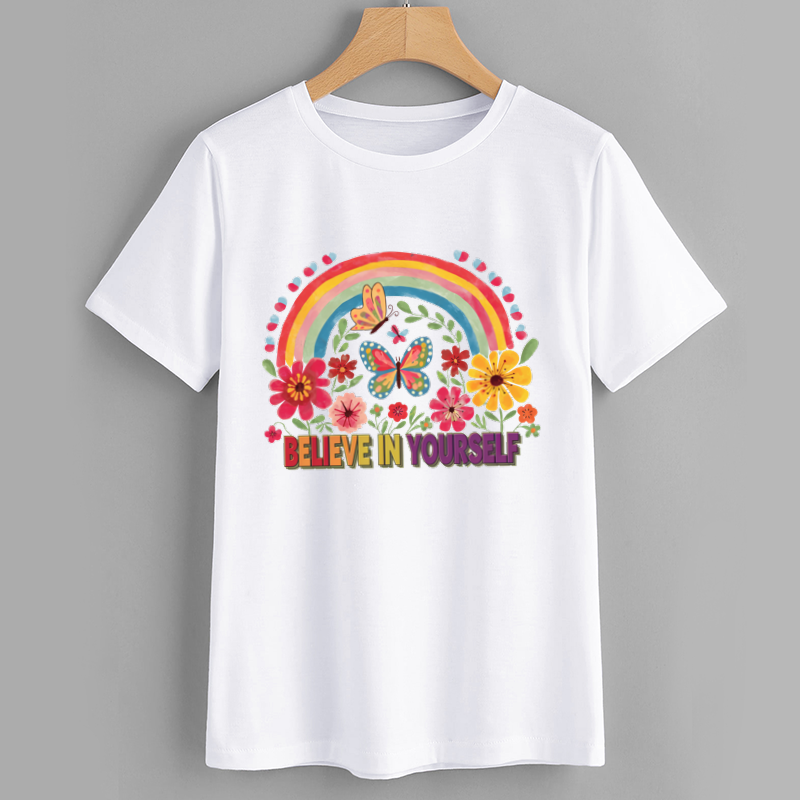 Rainbow Butterfly Believe Graphic Cotton T-Shirt