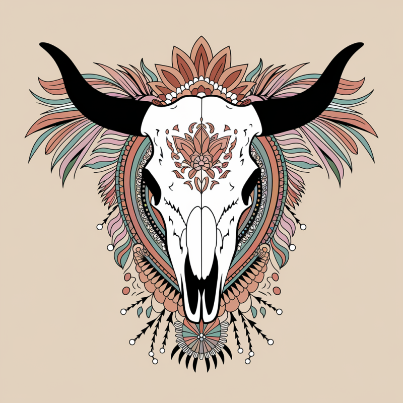 Boho Bull Skull Graphic T-Shirt - Artistic White Tee for Unique Style