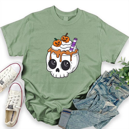 Halloween Graphic Top with Skull, Ice Cream, and Pumpkin Design