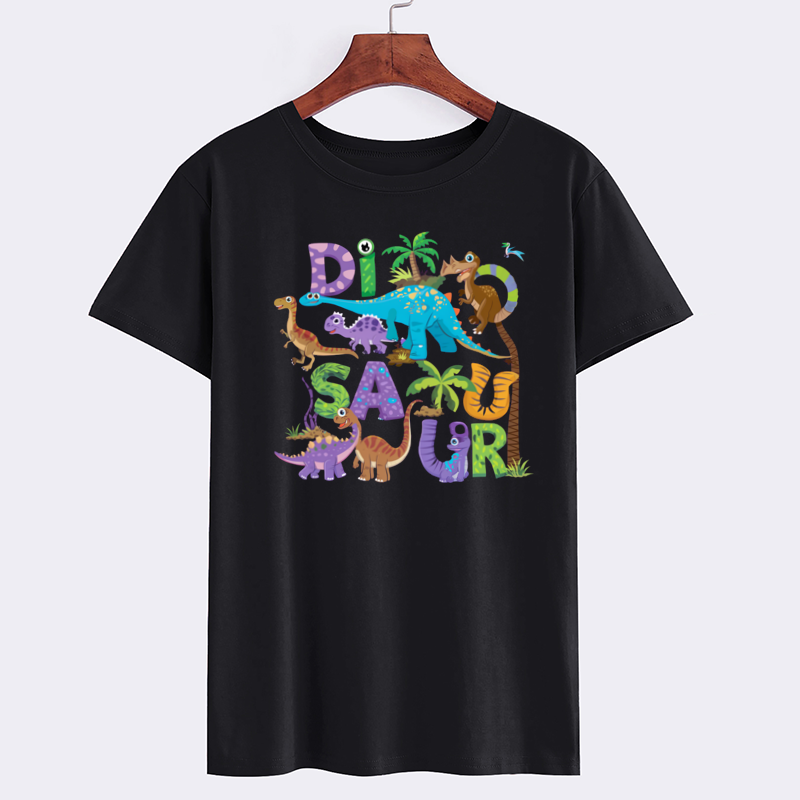 Cartoon Dinosaur Graphic Black Cotton T-Shirt