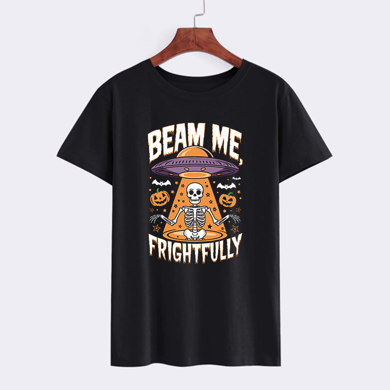 Halloween Skeleton and Alien Graphic T-Shirt