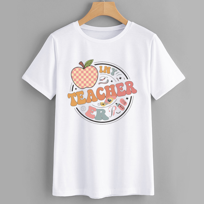 Retro Apple Graphic Teacher Cotton T-Shirt