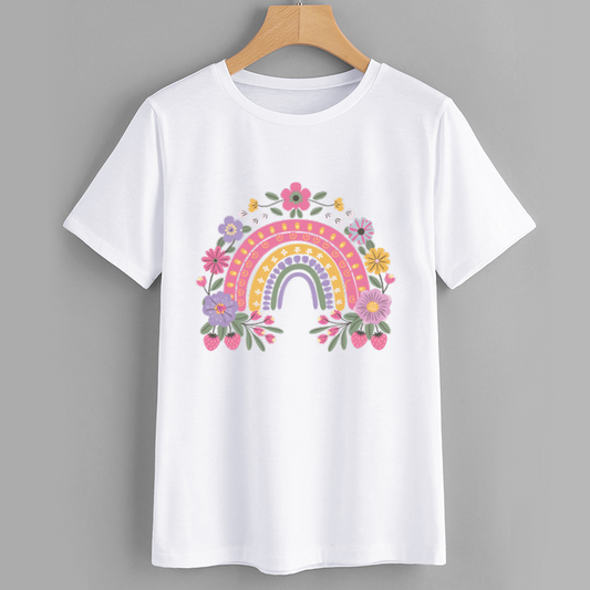 Colorful Rainbow Floral Embroidered T-Shirt