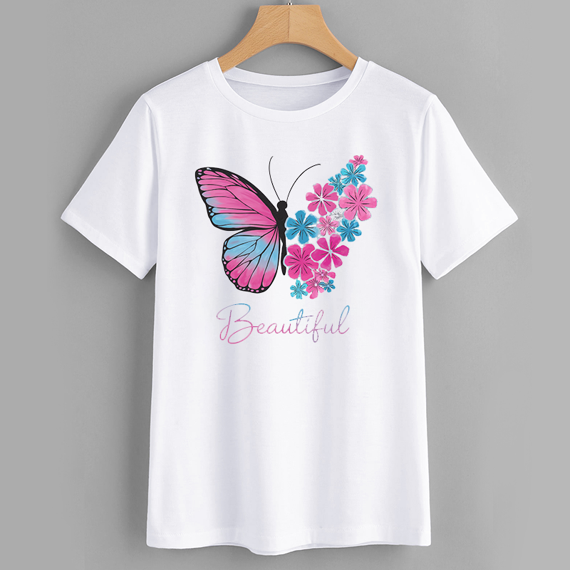 Butterfly Floral Graphic T-Shirt - Beautiful Design - Women's Casual Top