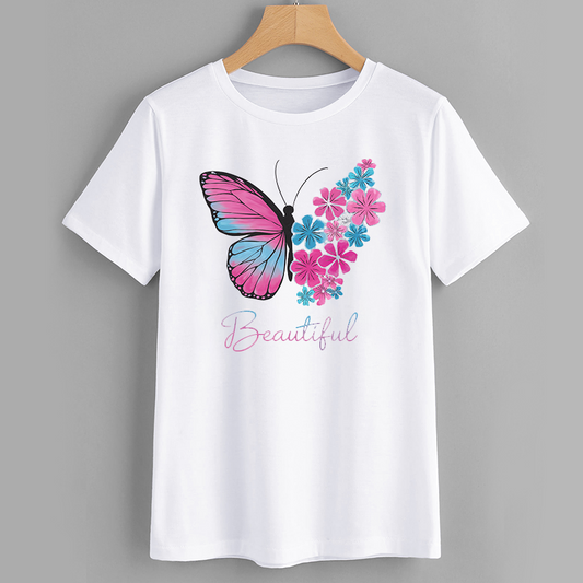Butterfly Floral Graphic T-Shirt - Beautiful Design - Women's Casual Top