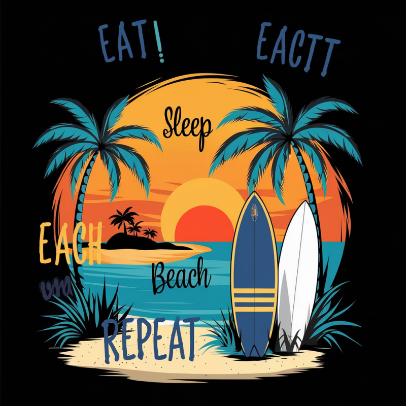 Tropical Beach Graphic T-Shirt with Surfboards