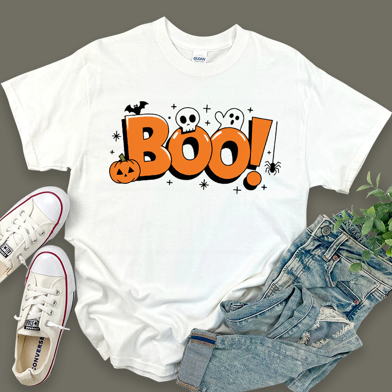 Halloween Pattern Top with "Boo!" T-Shirt