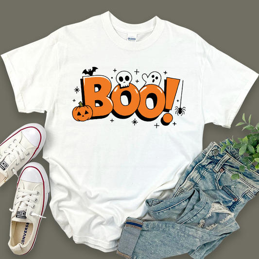 Halloween Pattern Top with "Boo!" T-Shirt