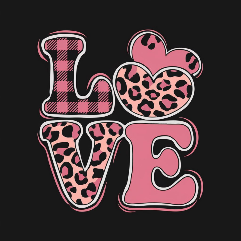 Trendy Black Love Graphic T-Shirt with Leopard Print
