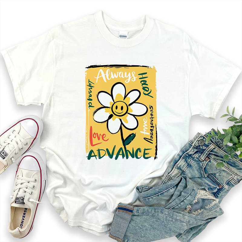 Smiley Face & Flower Print Casual T-Shirt