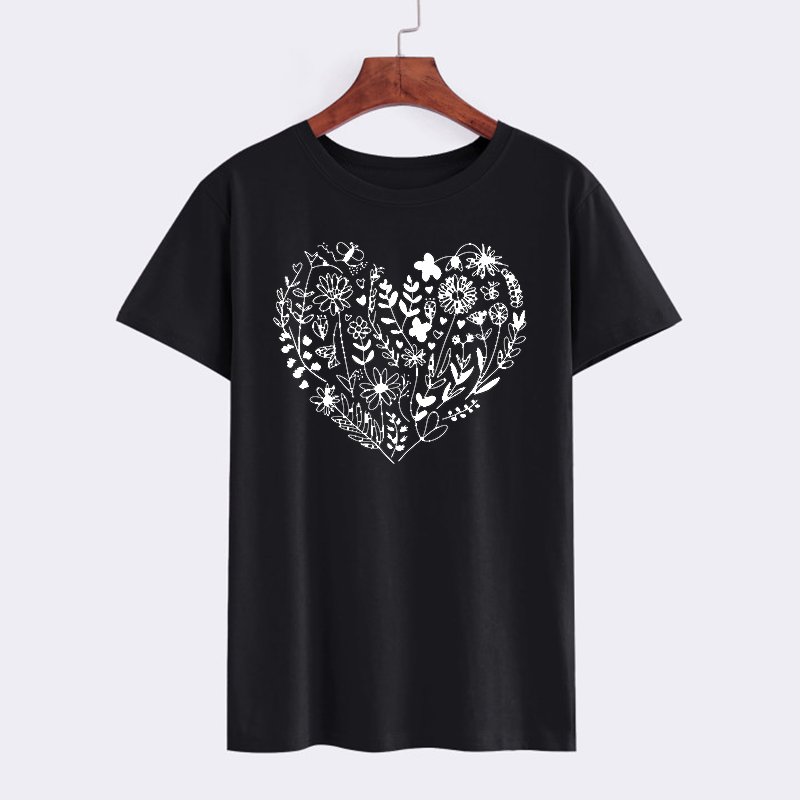 Floral Heart Graphic Black T-Shirt