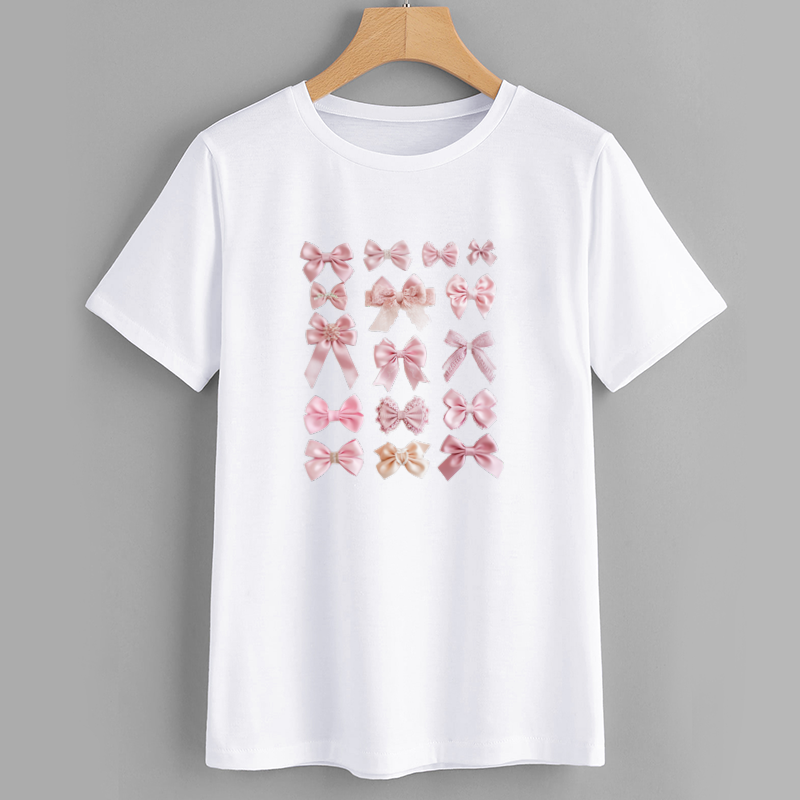 Kawaii Pink Bow Graphic Cotton T-Shirt