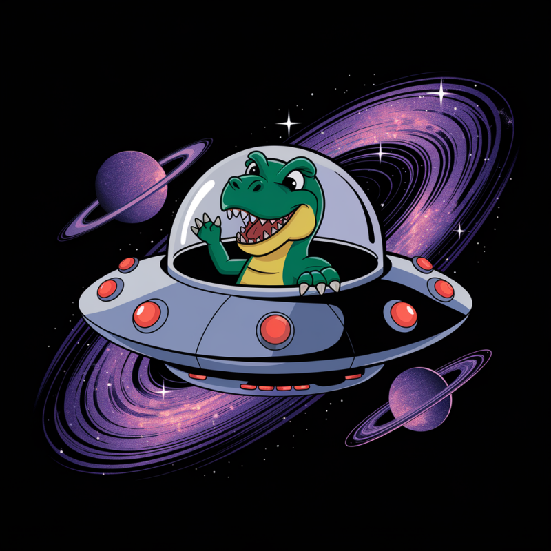 Cartoon Dinosaur in UFO Graphic T-Shirt
