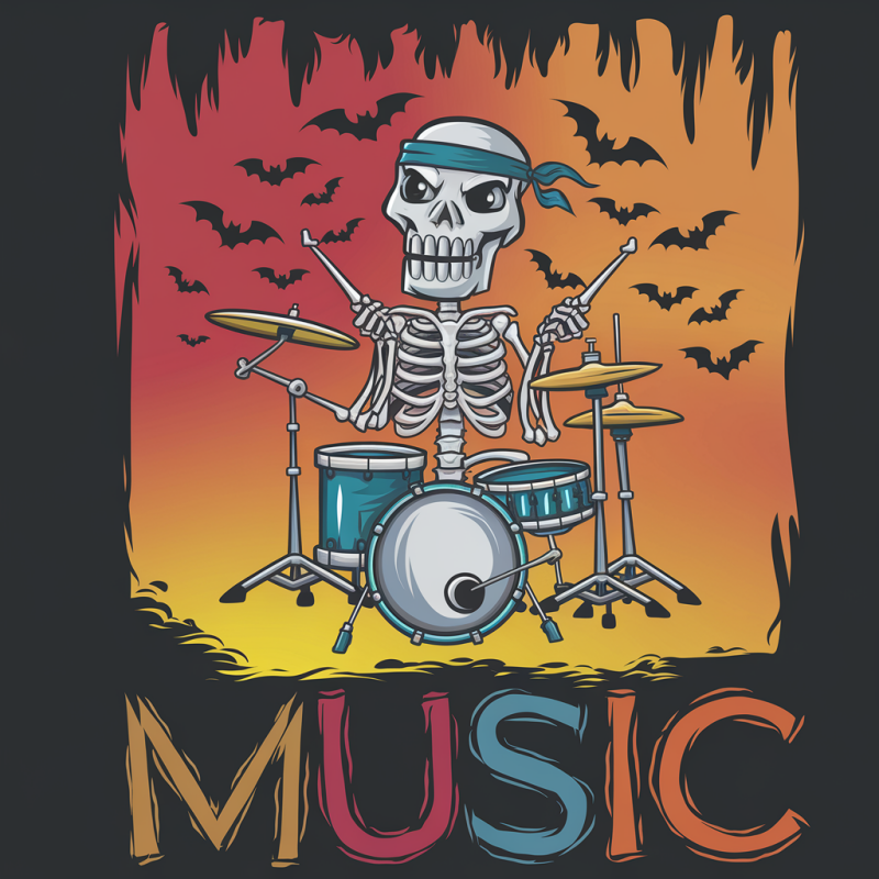 Rock Music Skeleton Drummer Black Cotton T-Shirt