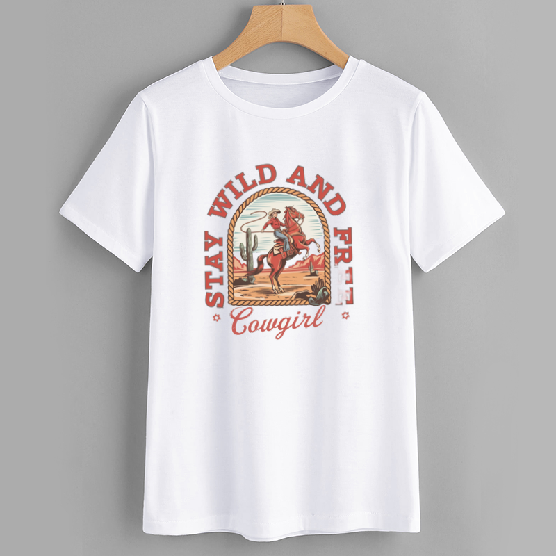 Cotton White Cowgirl Graphic T-Shirt Casual