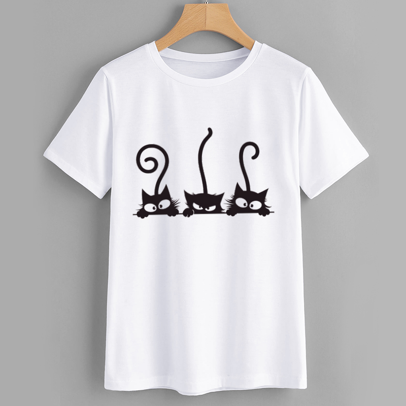 MeowJoy Cute Black Cat Graphic Cotton T-Shirt