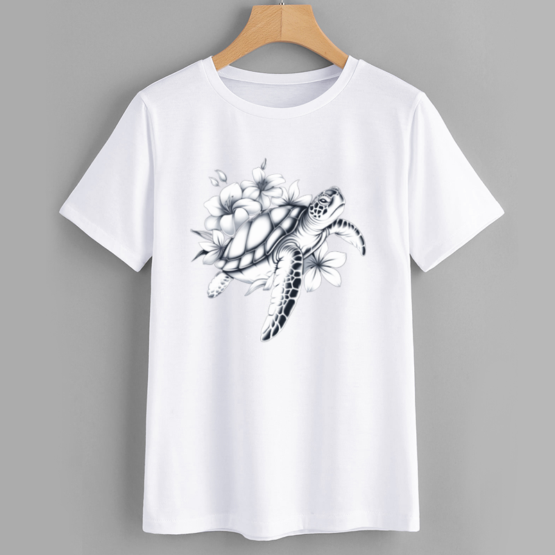 Seaside Turtle Floral Cotton Graphic T-Shirt