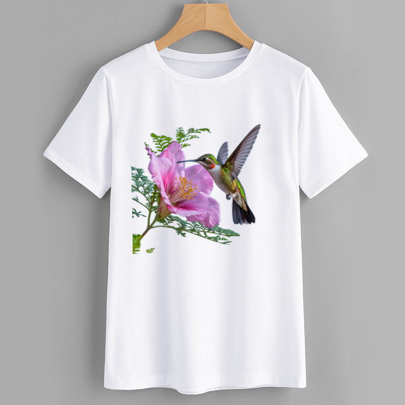 Hummingbird and Flower Graphic T-Shirt