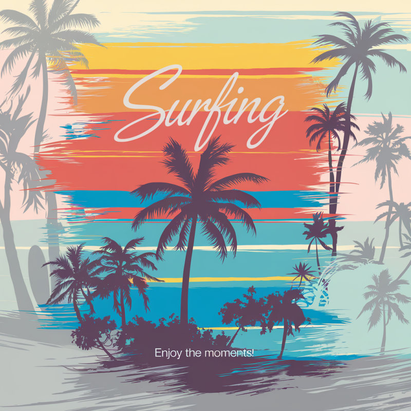 Colorful Surfing Graphic T-Shirt with Palm Trees