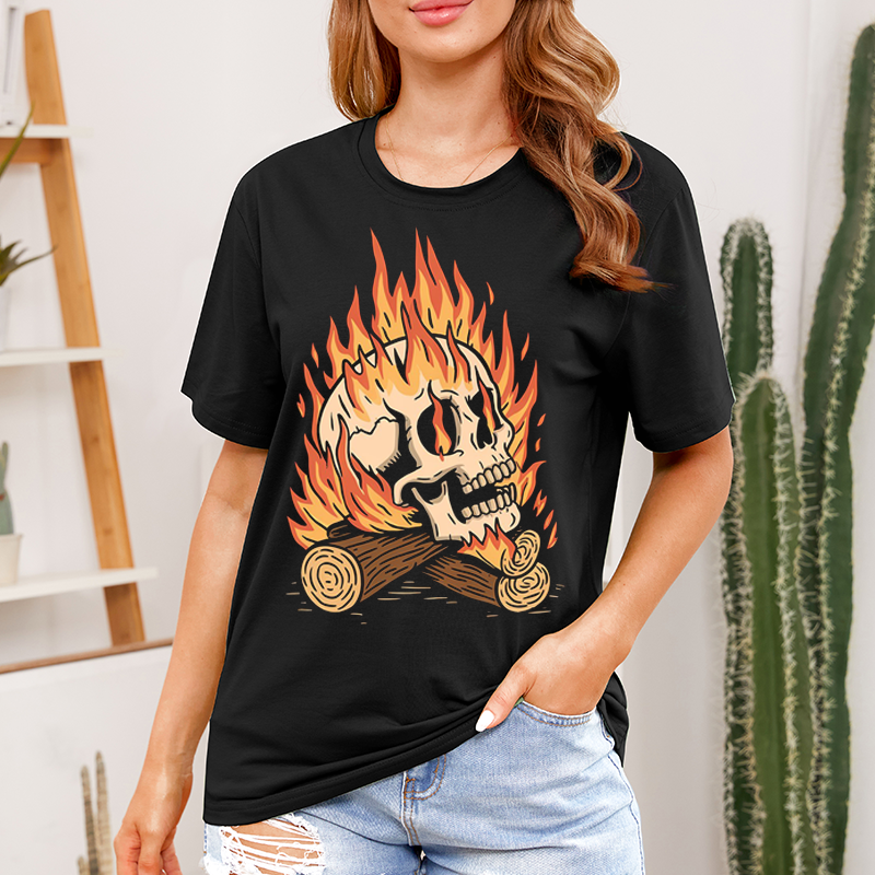 Skull Fire Wood Casual T-Shirt