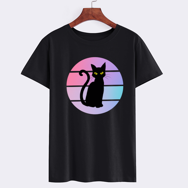 Cat Graphic Black Cotton T-Shirt