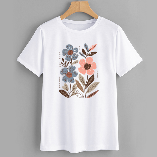 Floral Print White Cotton T-Shirt with Colorful Design