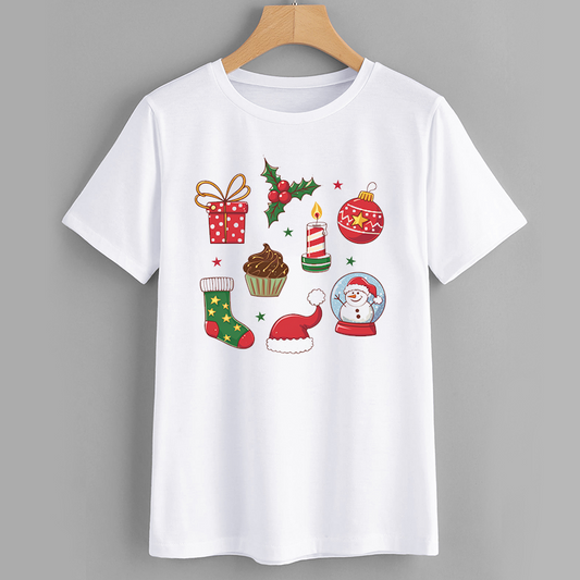 Festive Christmas Graphic T-Shirt with Cute Holiday Icons