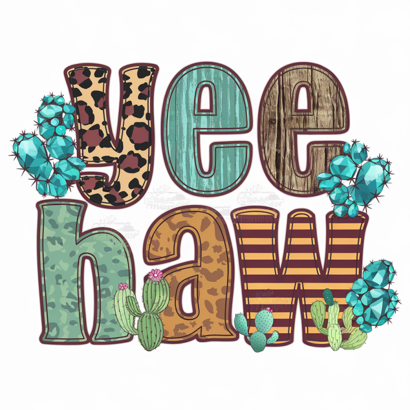 Yee Haw Graphic T-Shirt with Cactus and Leopard Print Design